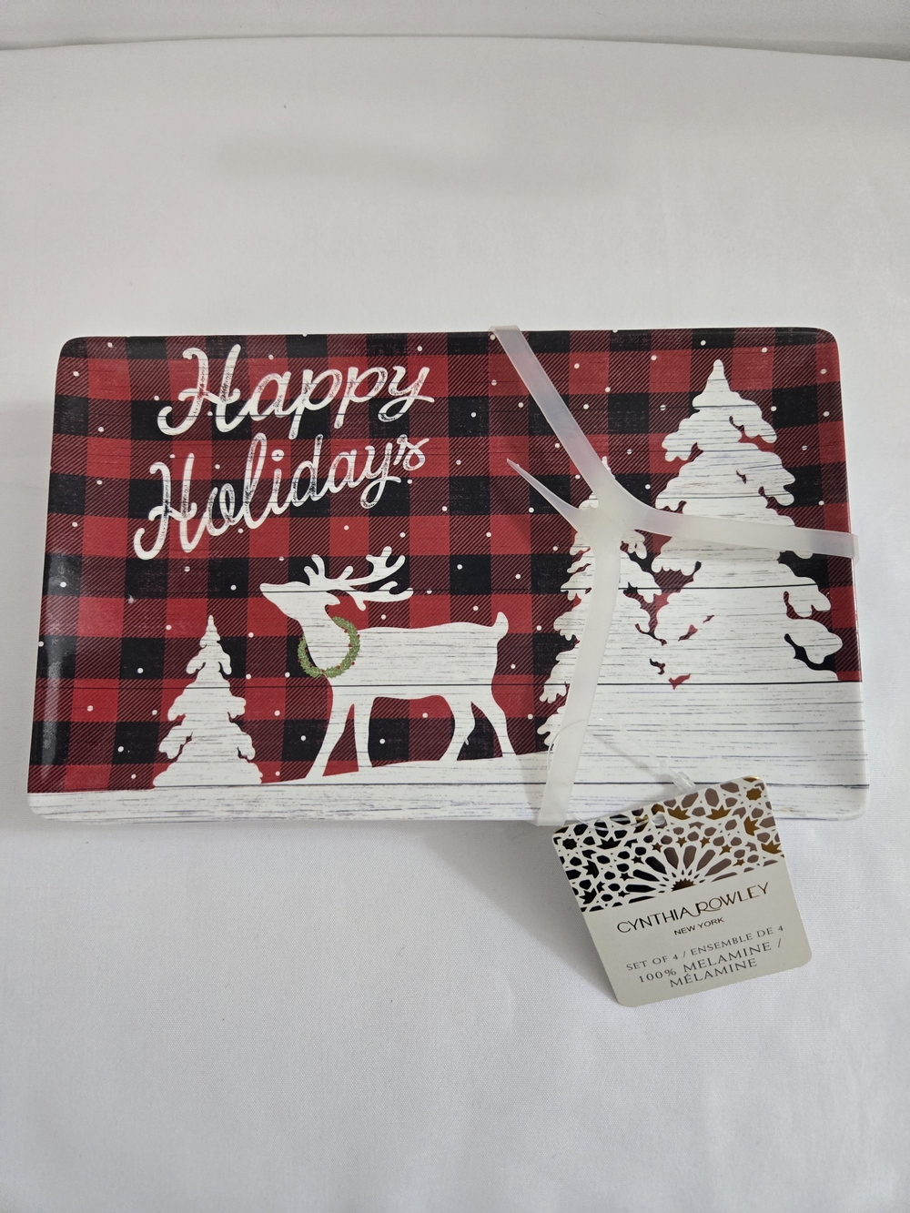Cynthia Rowley Christmas Reindeer Buffalo Plaid Melamine Plates Set 4 NWT